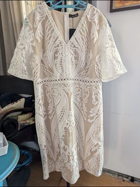 Sheer Embroidered V-Neck Midi Dress in Cream and White